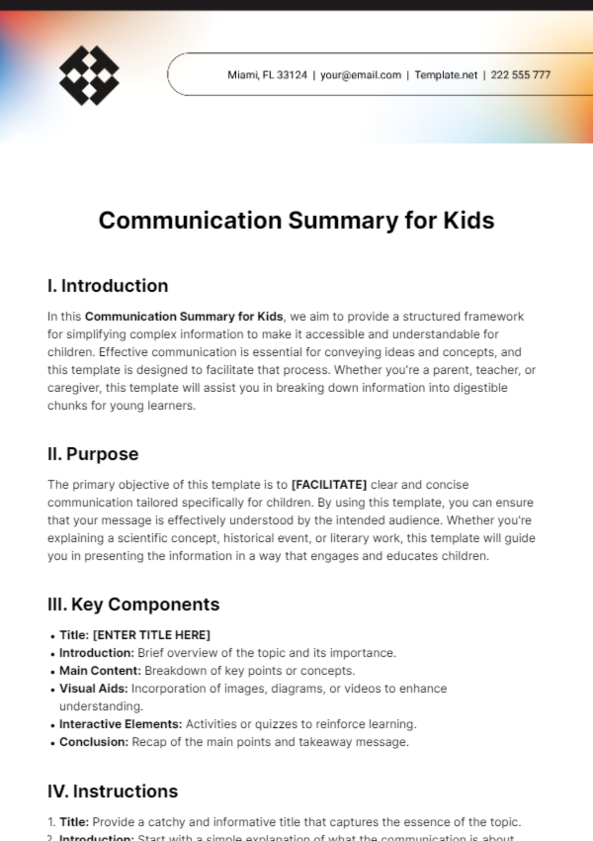 Communication Summary for Kids Template