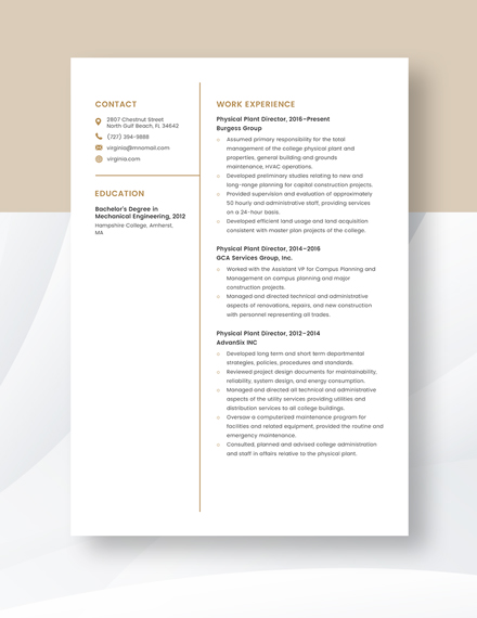 Physical Plant Director Resume Template