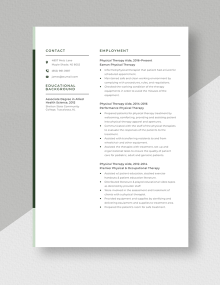 Physical Therapy Aide Resume Template