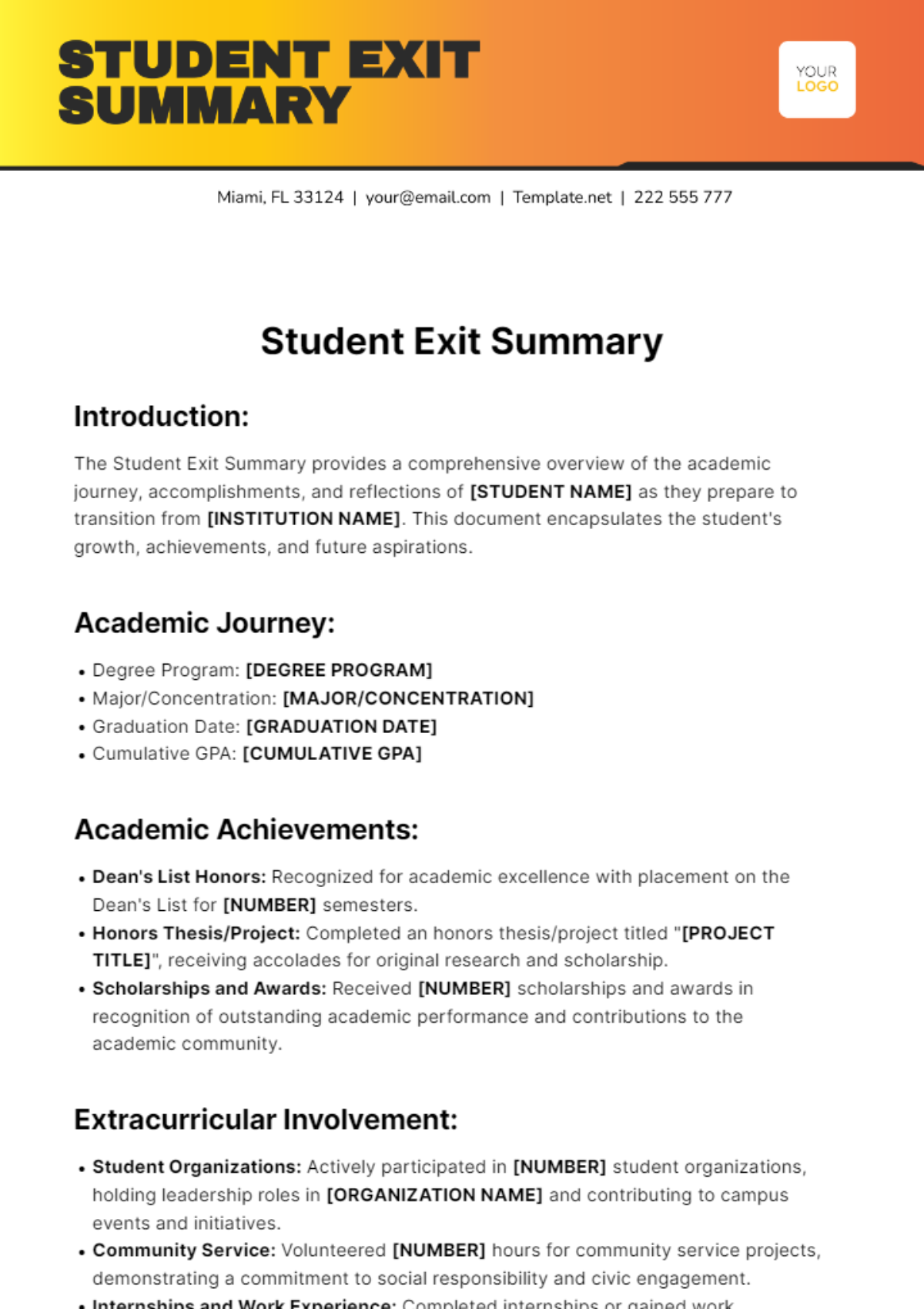 Student Exit Summary Template