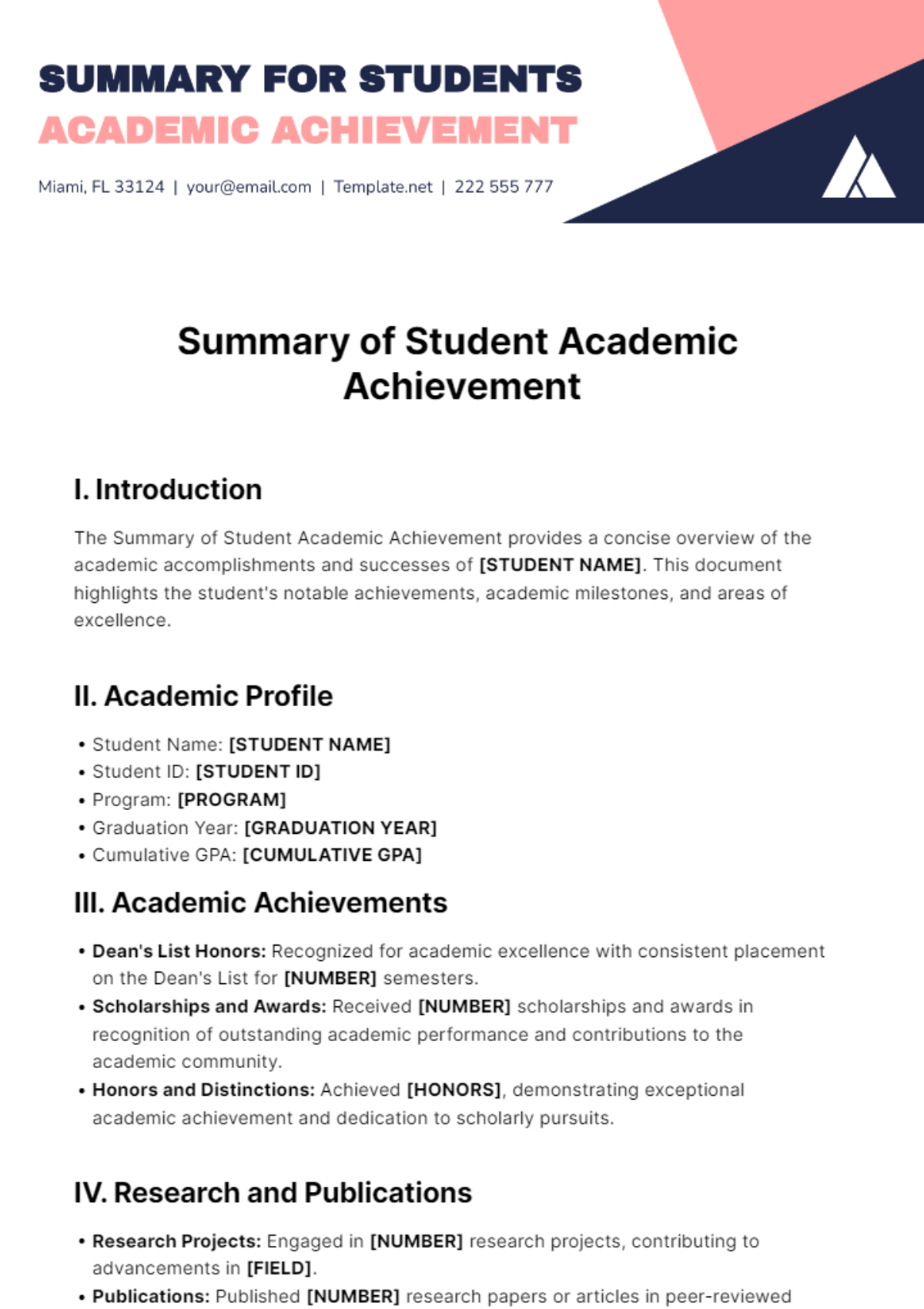 Summary of Student Academic Achievement Template