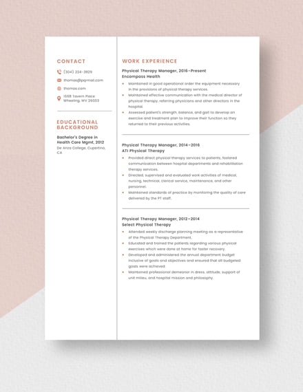Physical Therapy Manager Resume Template