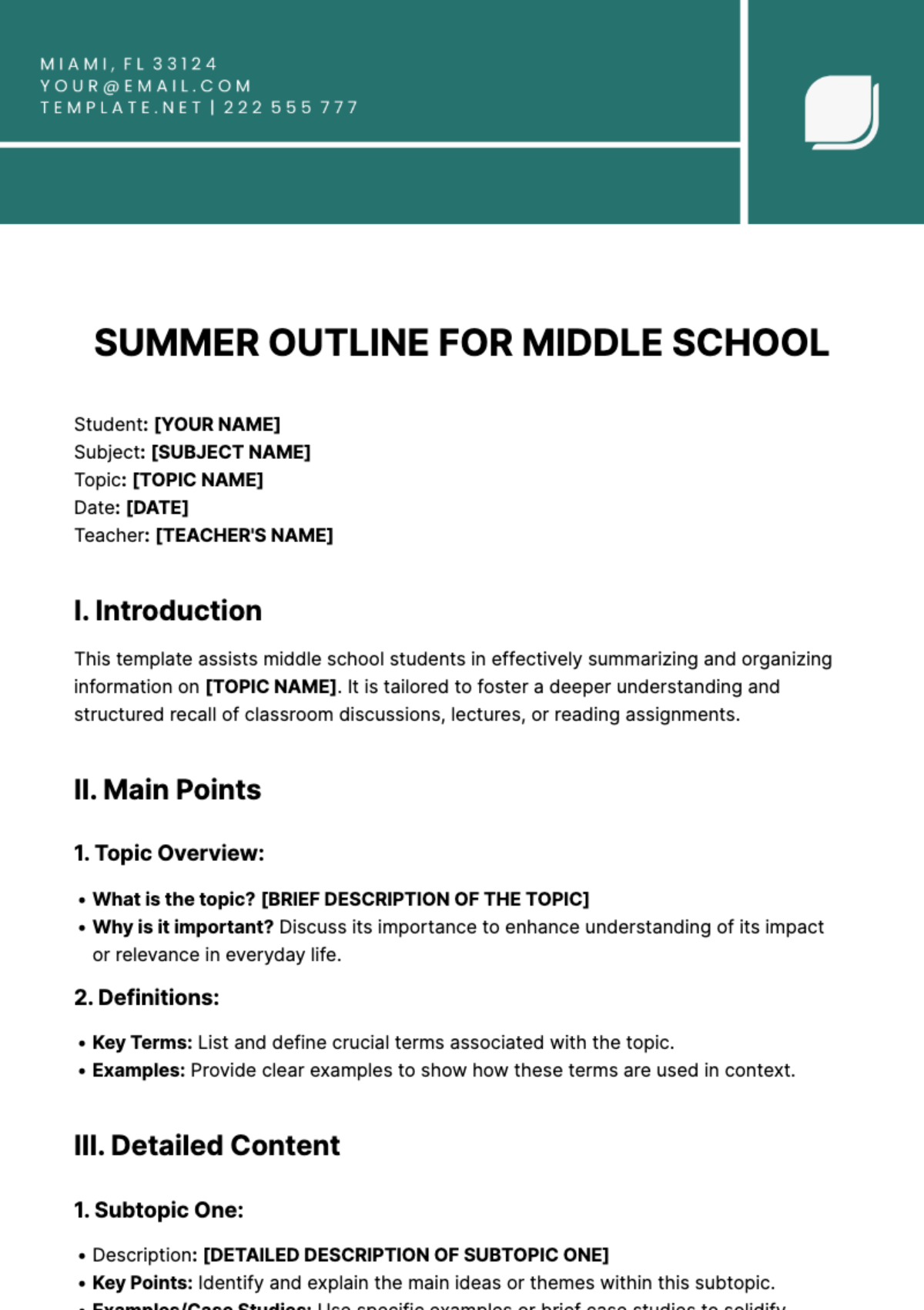 Summary Outline For Middle School Template