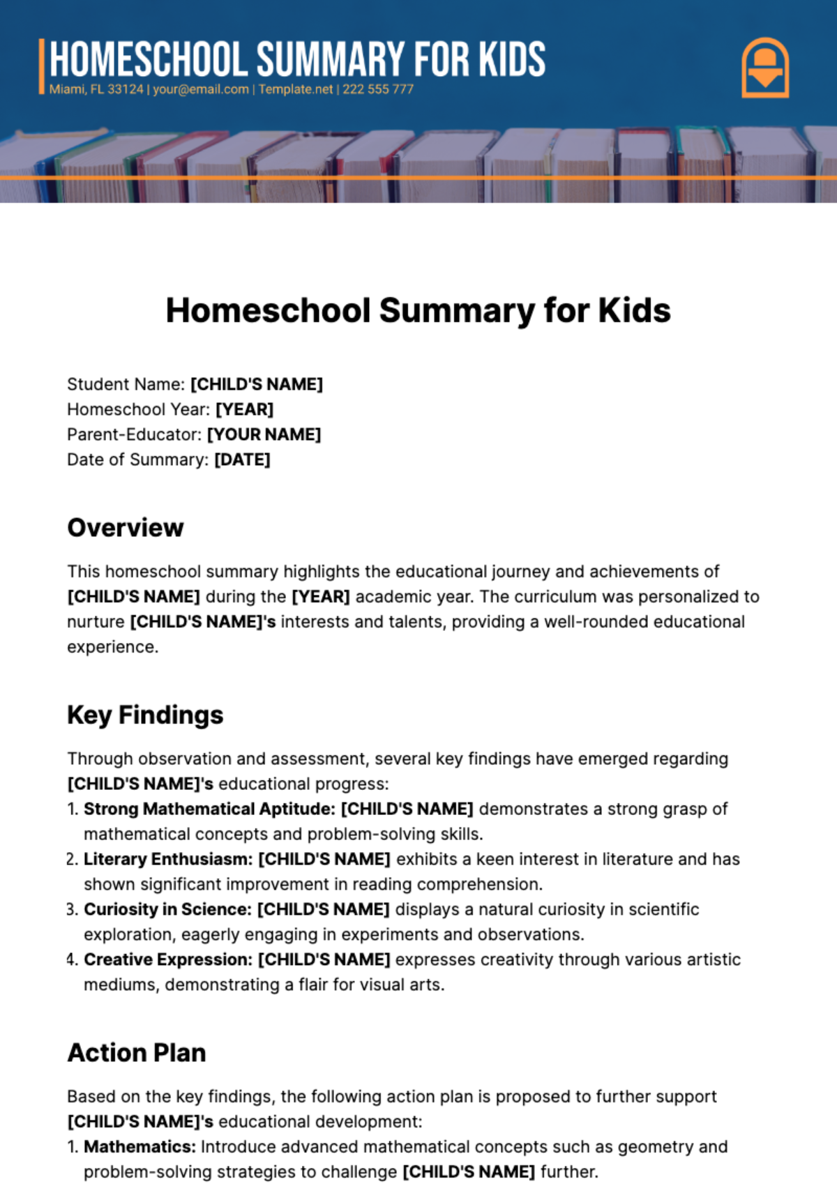 Homeschool Summary for Kids Template