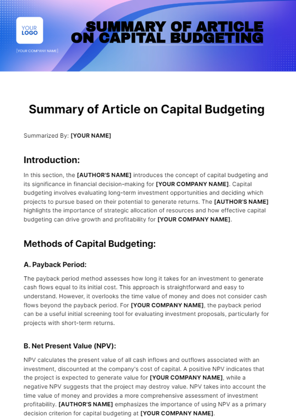 Summary of Article on Capital Budgeting Template