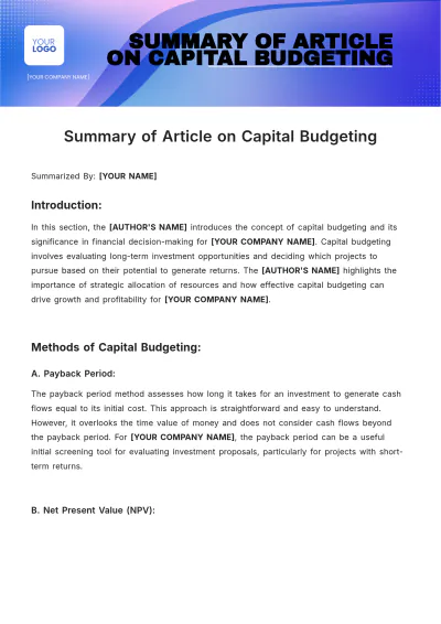 Free Summary of Article on Capital Budgeting Template to Edit Online