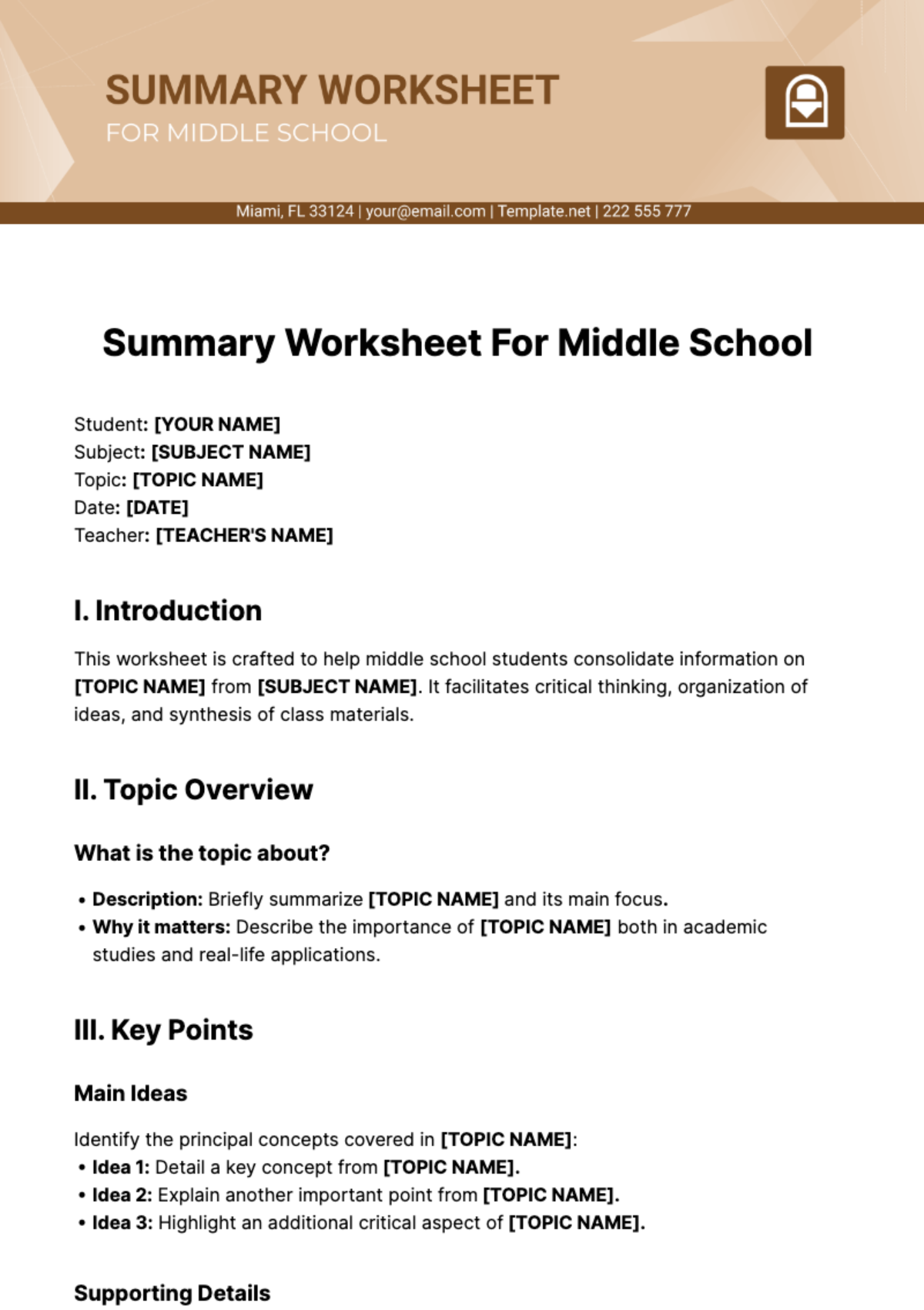 Summary Worksheet For Middle School Template