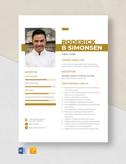 Free First Cook Resume Template - Word, Apple Pages