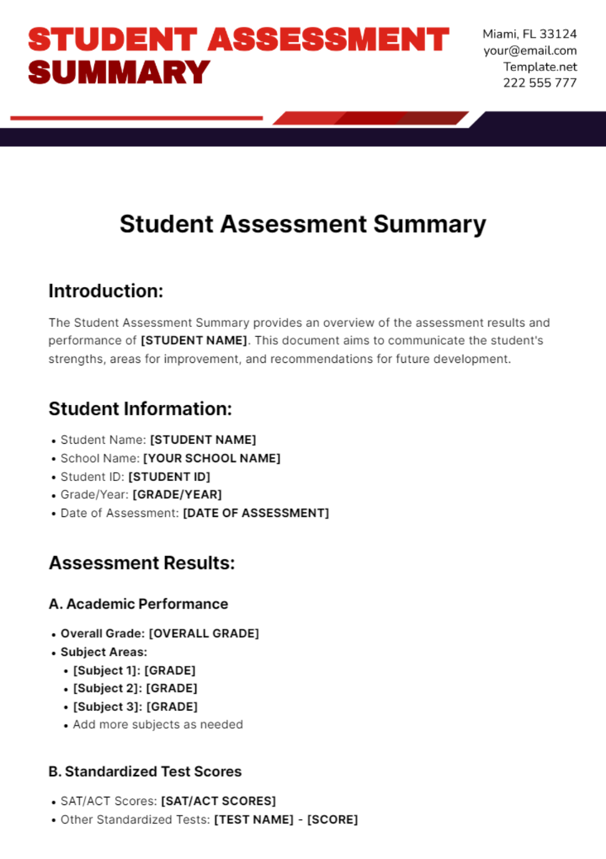 Student Assessment Summary Template