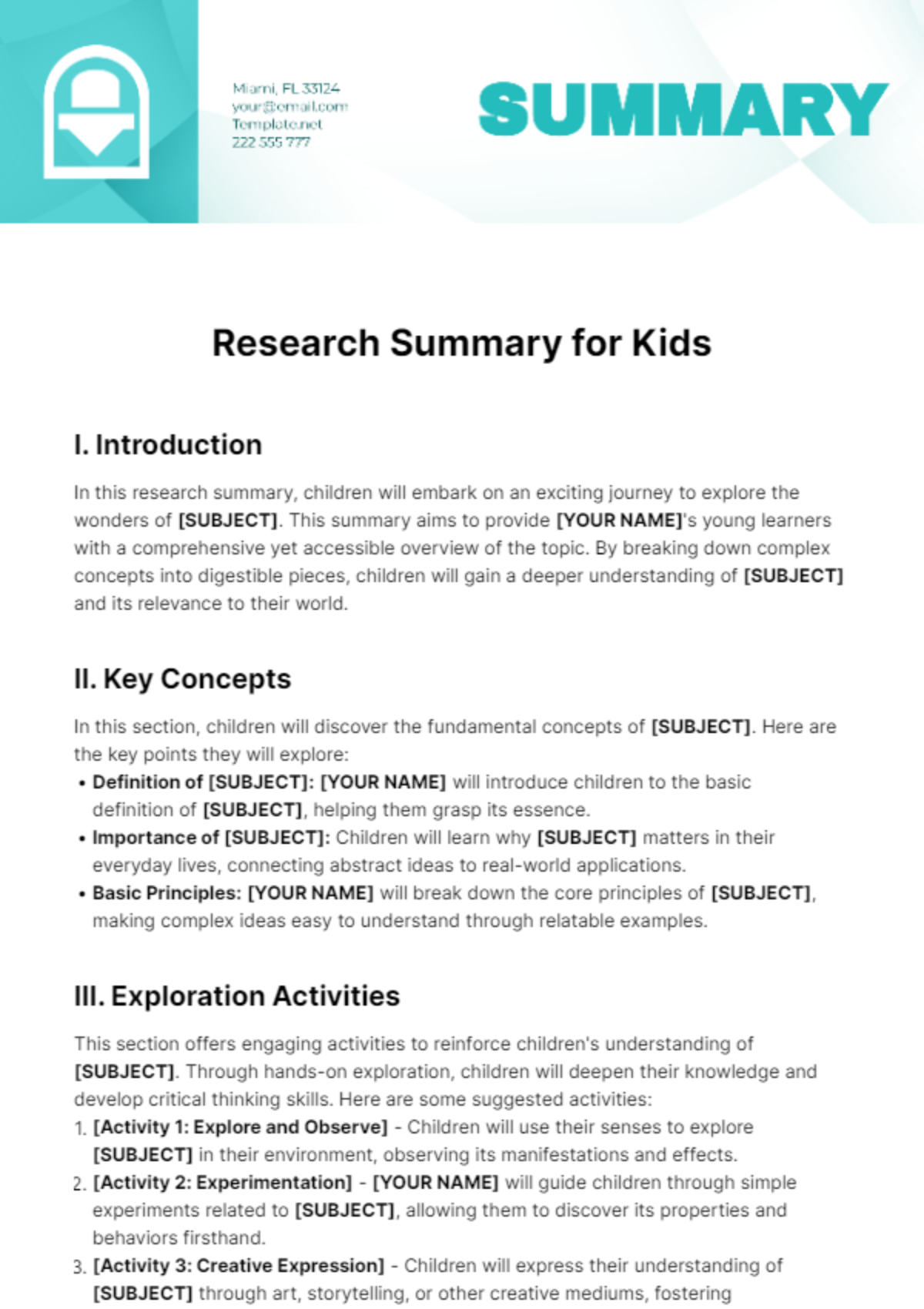 Research Summary for Kids Template