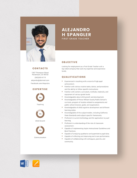 First Grade Teacher Resume Template - Word, Apple Pages