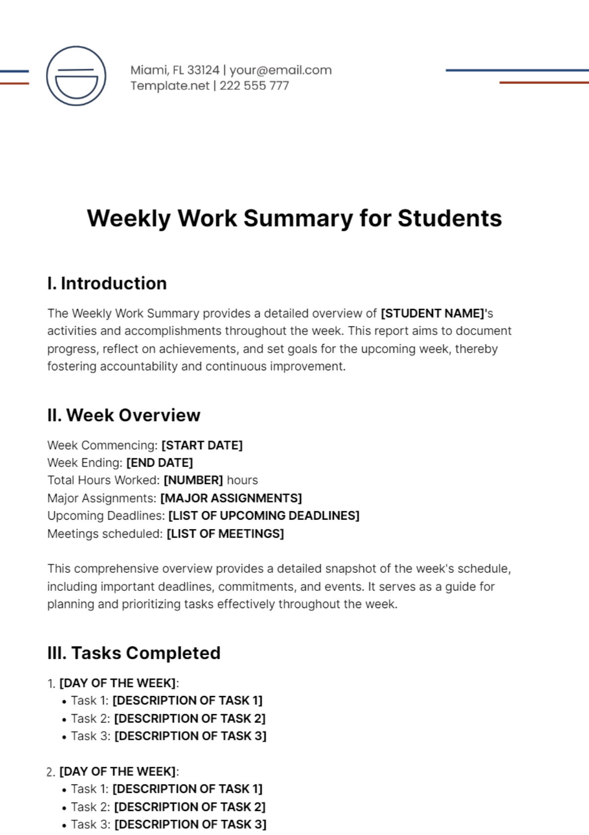 Weekly Work Summary for Students Template