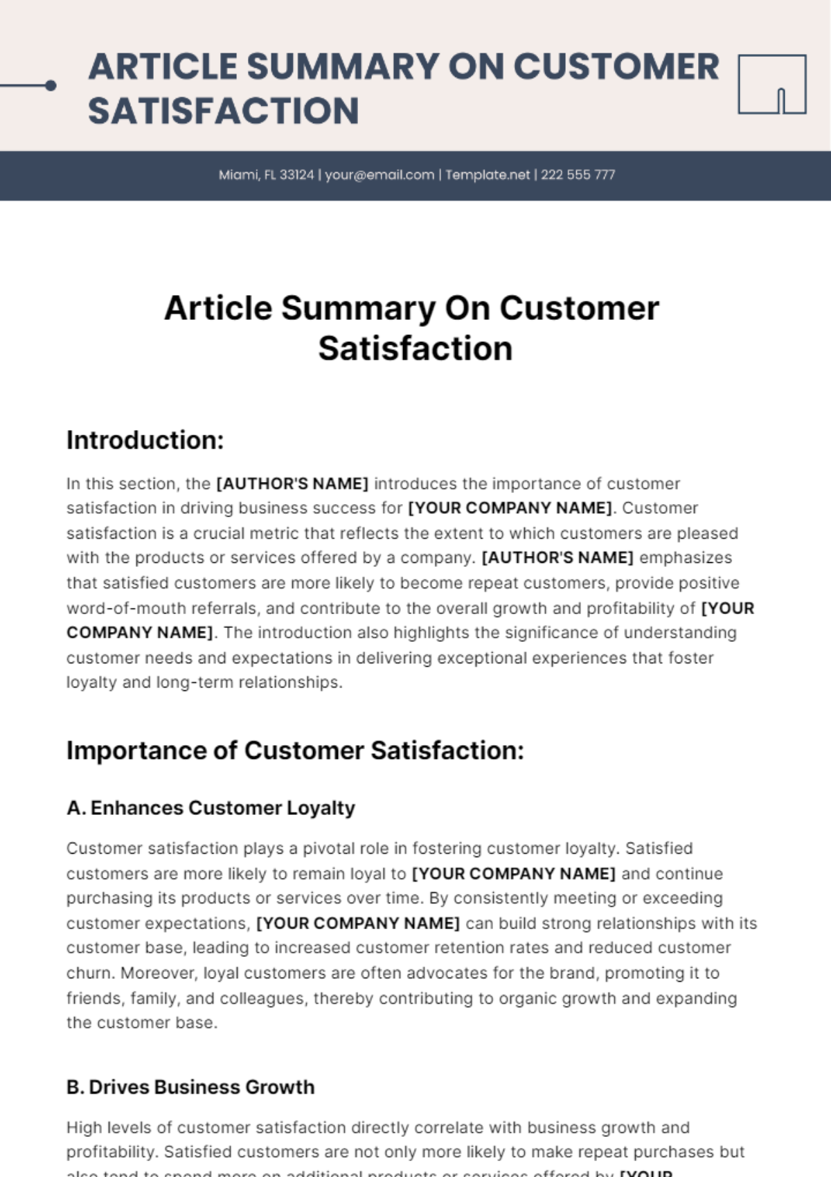 Free Article Summary On Customer Satisfaction Template