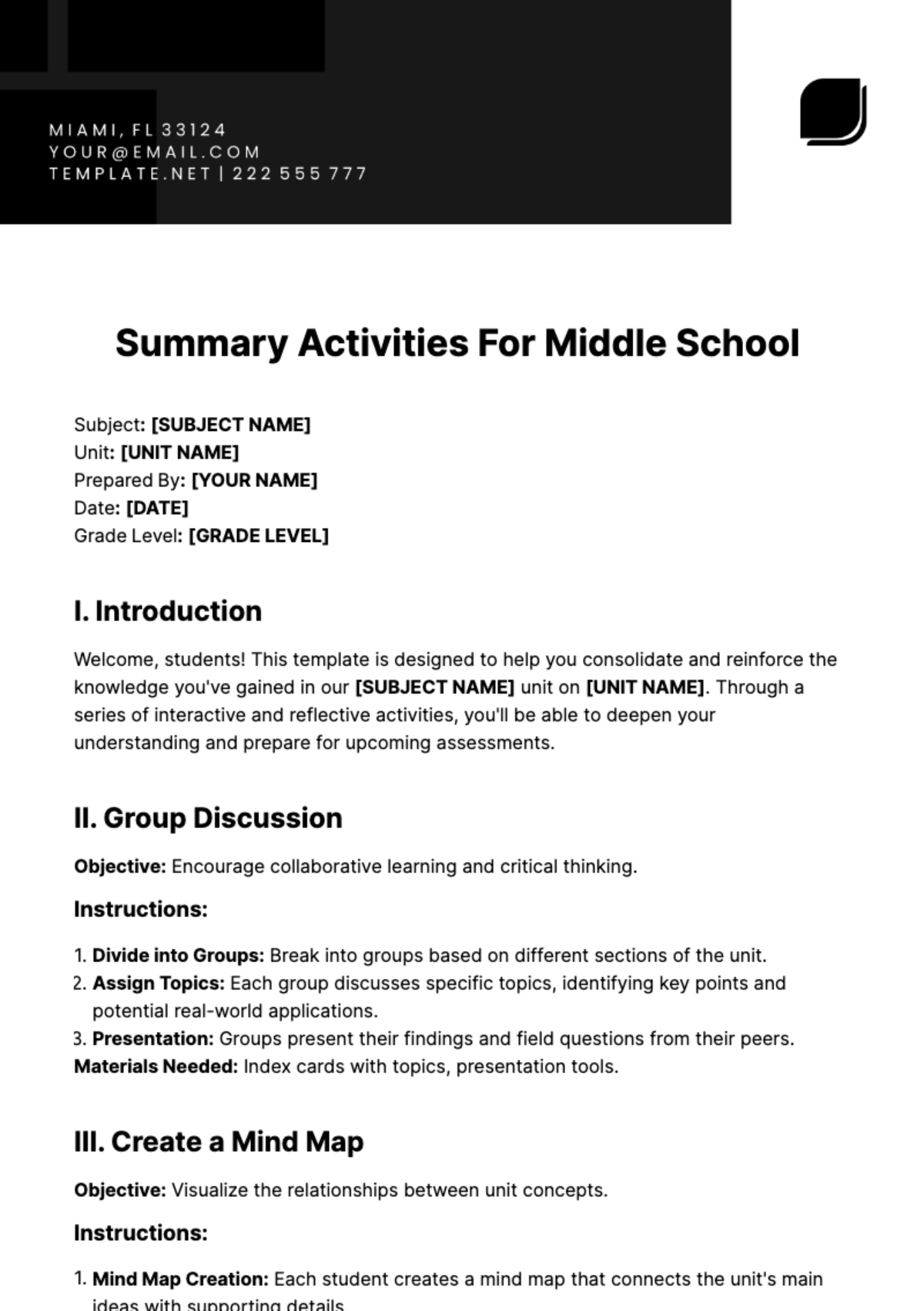 Summary Activities For Middle School Template
