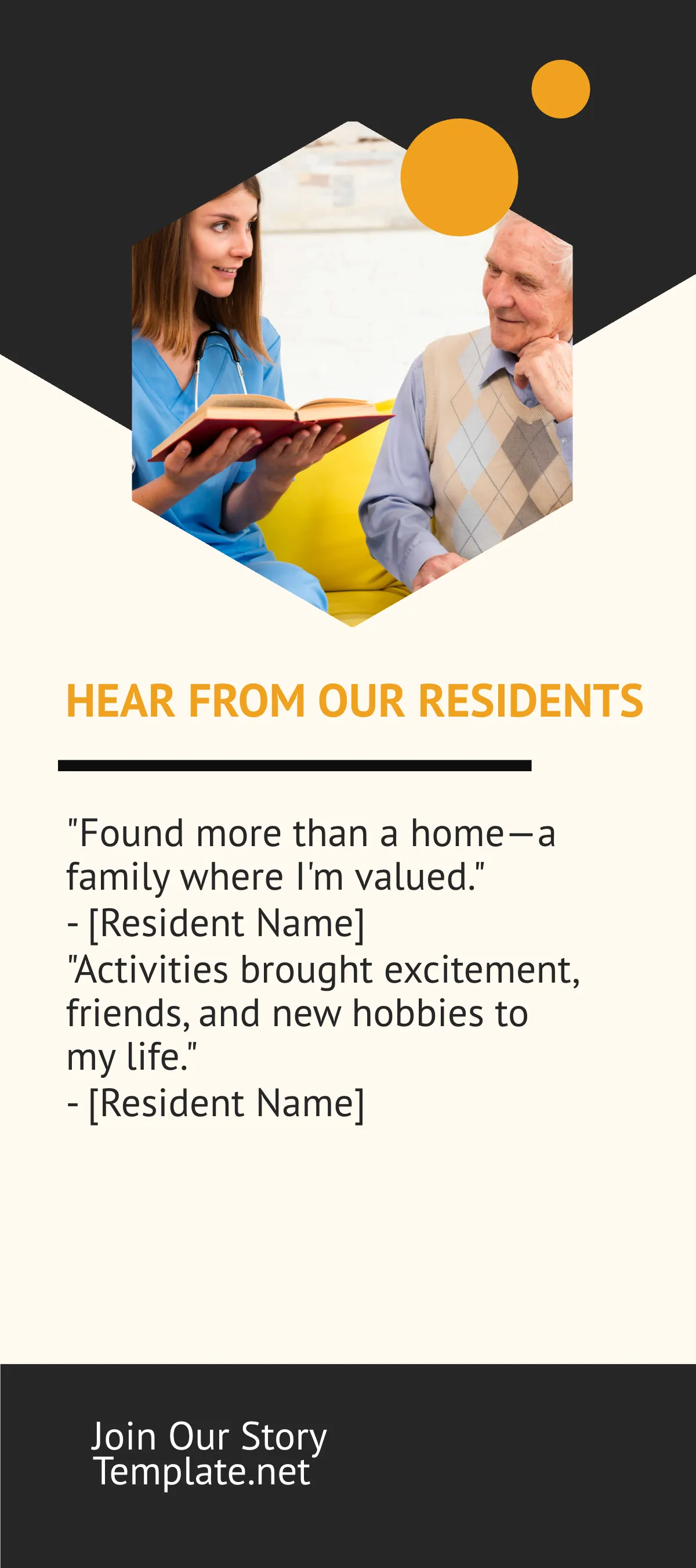 Free Resident Testimonials and Stories Rack Card Template to Edit Online