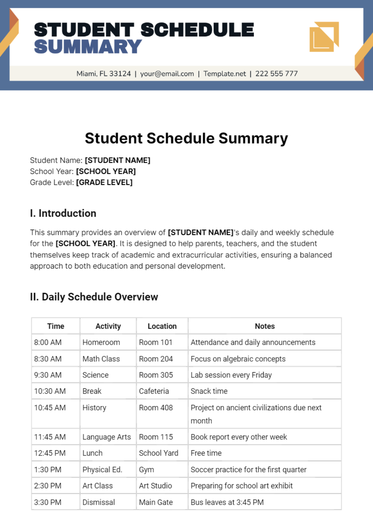 Student Schedule Summary Template