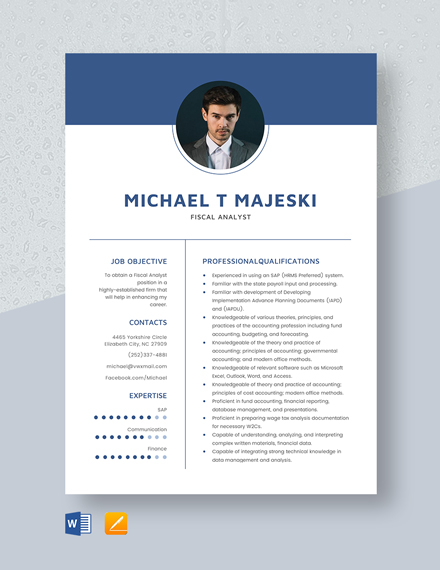 Free Fiscal Analyst Resume Template - Word, Apple Pages