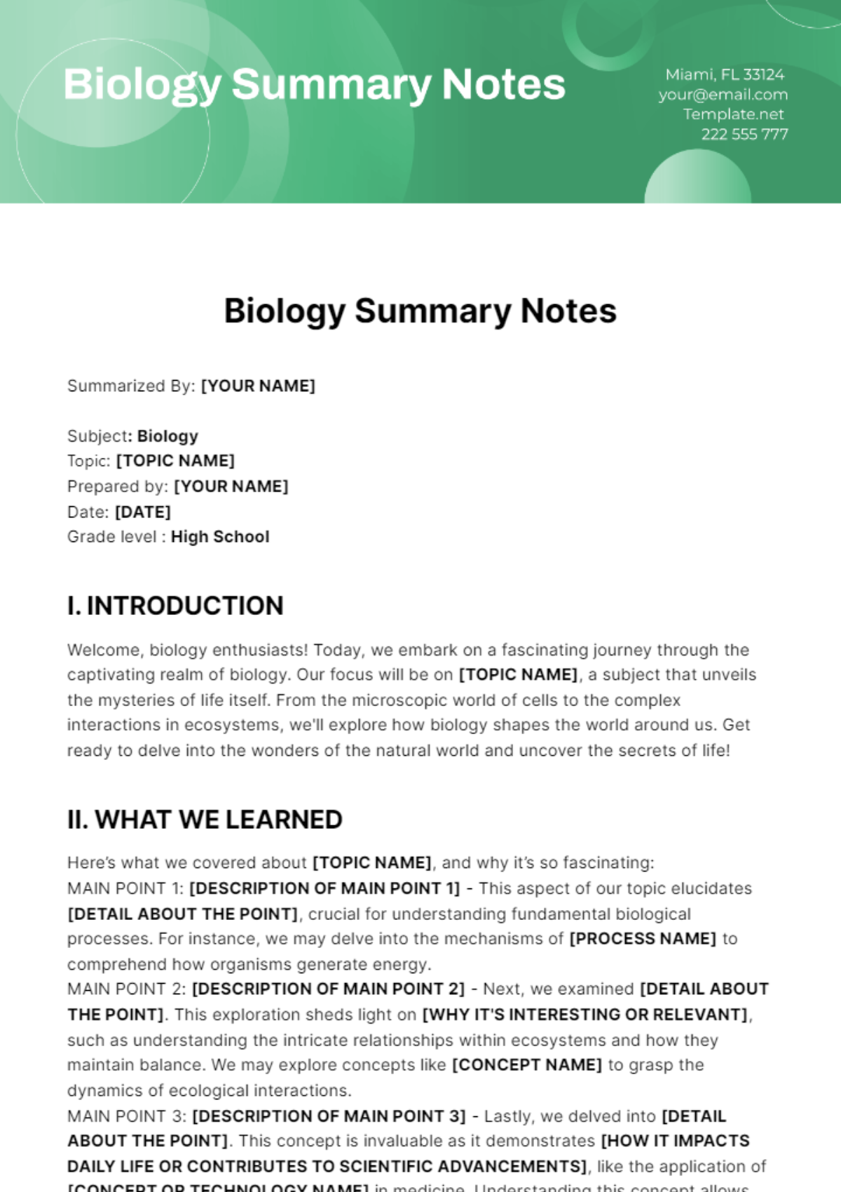 Free Biology Summary Notes Template