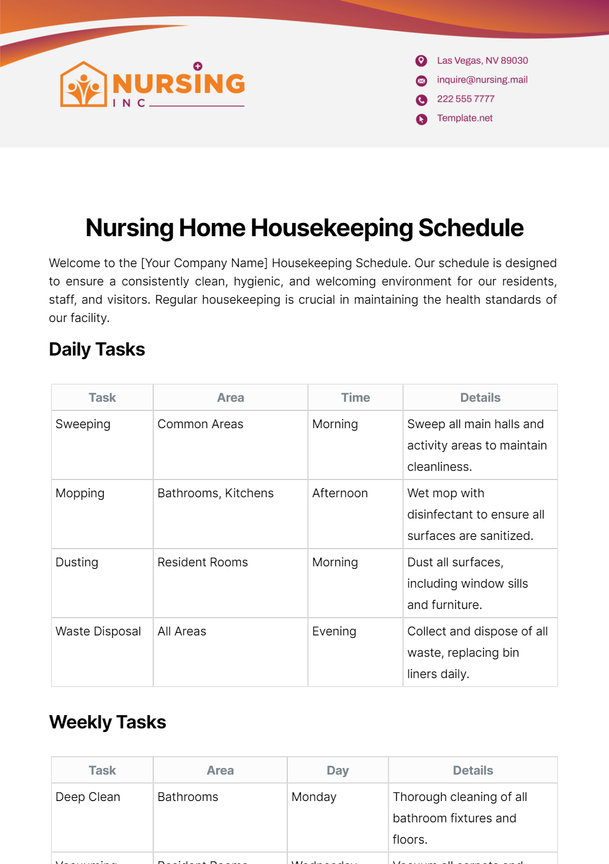 Nursing Home Housekeeping Schedule Template