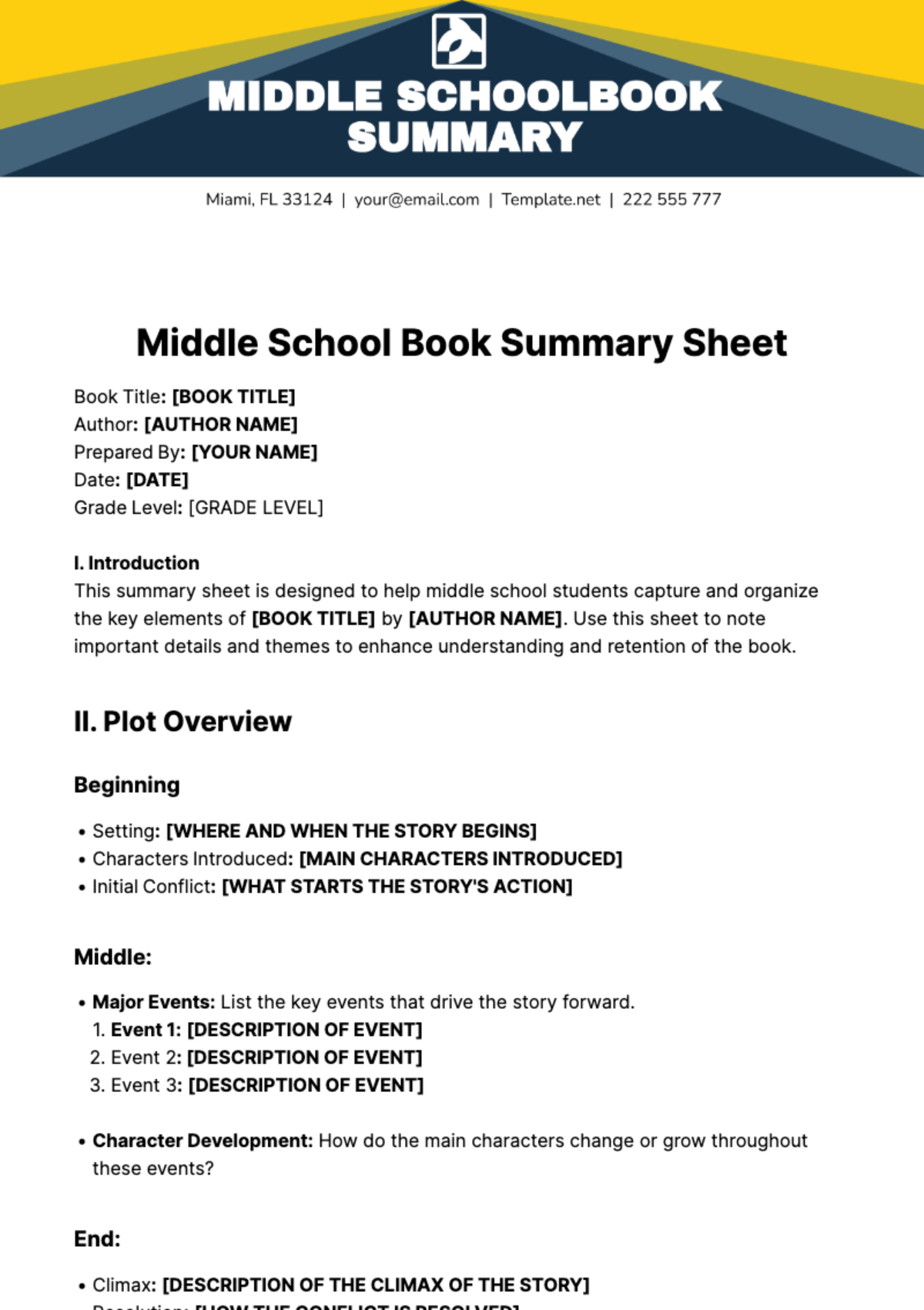 Middle School Book Summary Sheet Template
