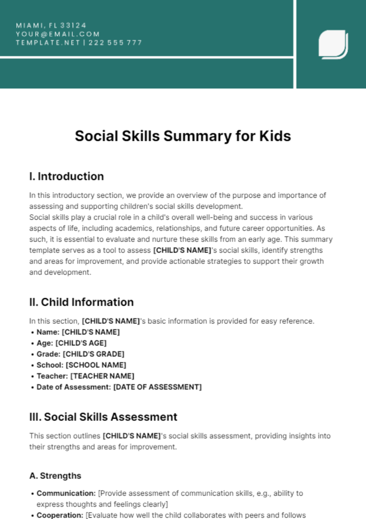 Social Skills Summary for Kids Template