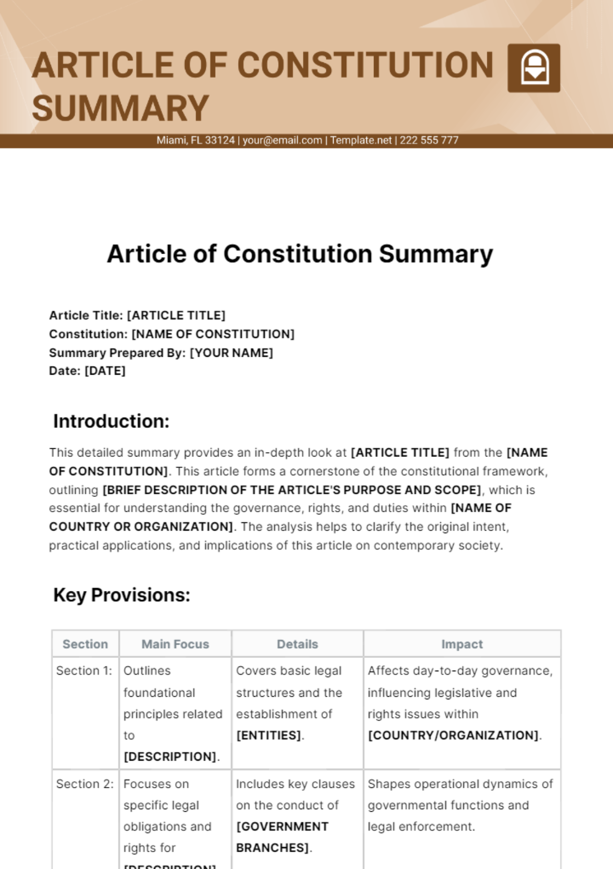 Free Article of Constitution Summary Template