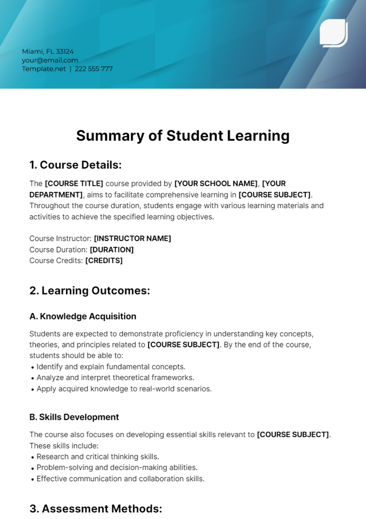 Summary of Student Learning Template