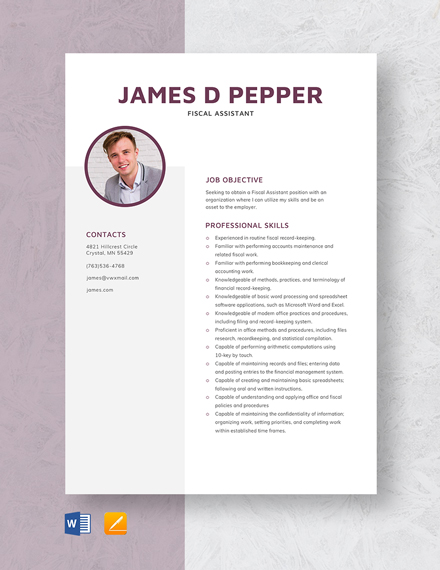 Free Fiscal Assistant Resume Template - Word, Apple Pages