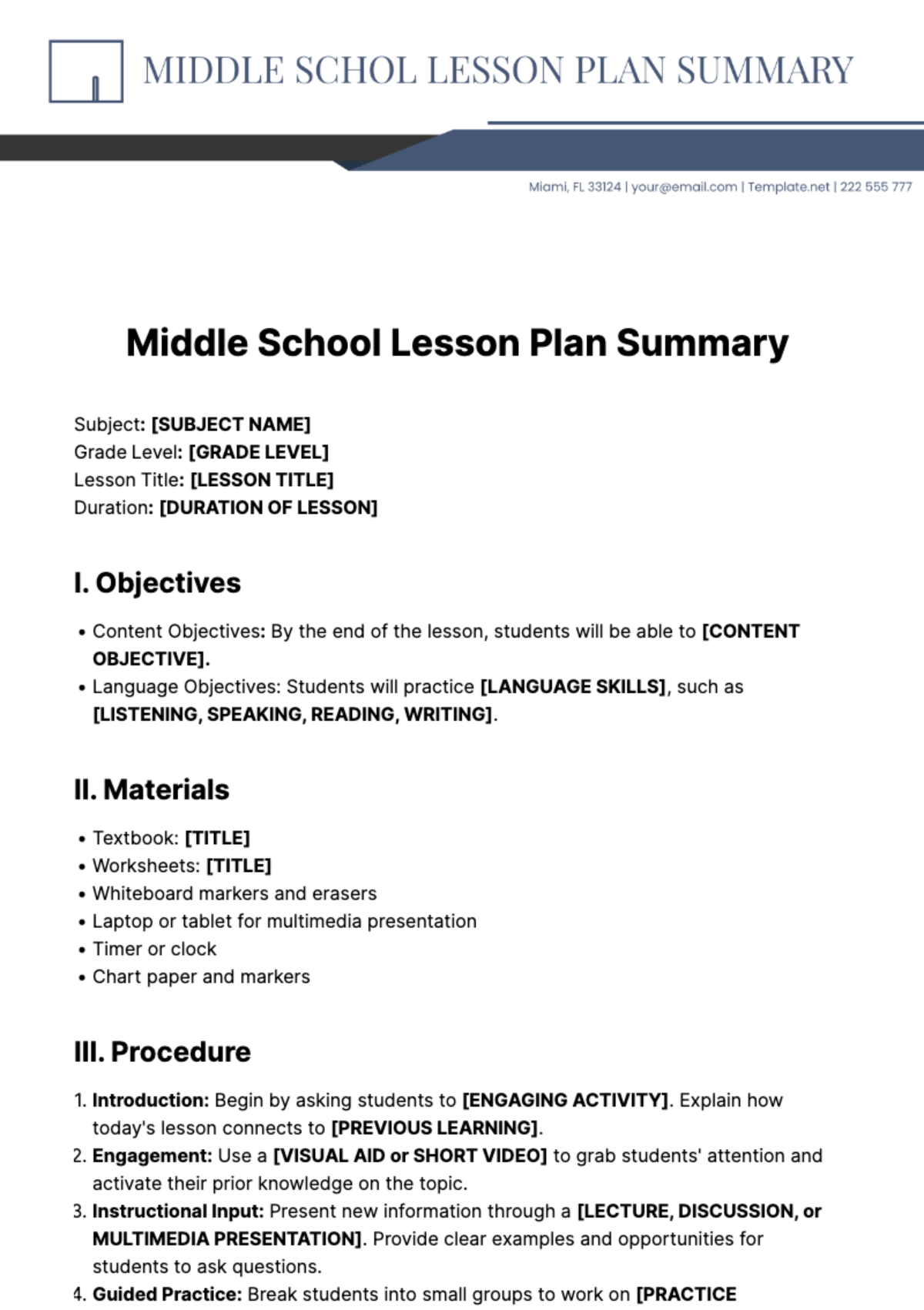 Middle School Lesson Plan Summary Template