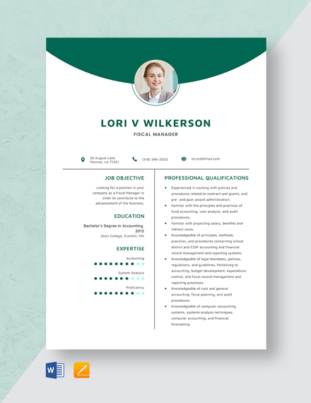 Free Fiscal Manager Resume Template - Word, Apple Pages