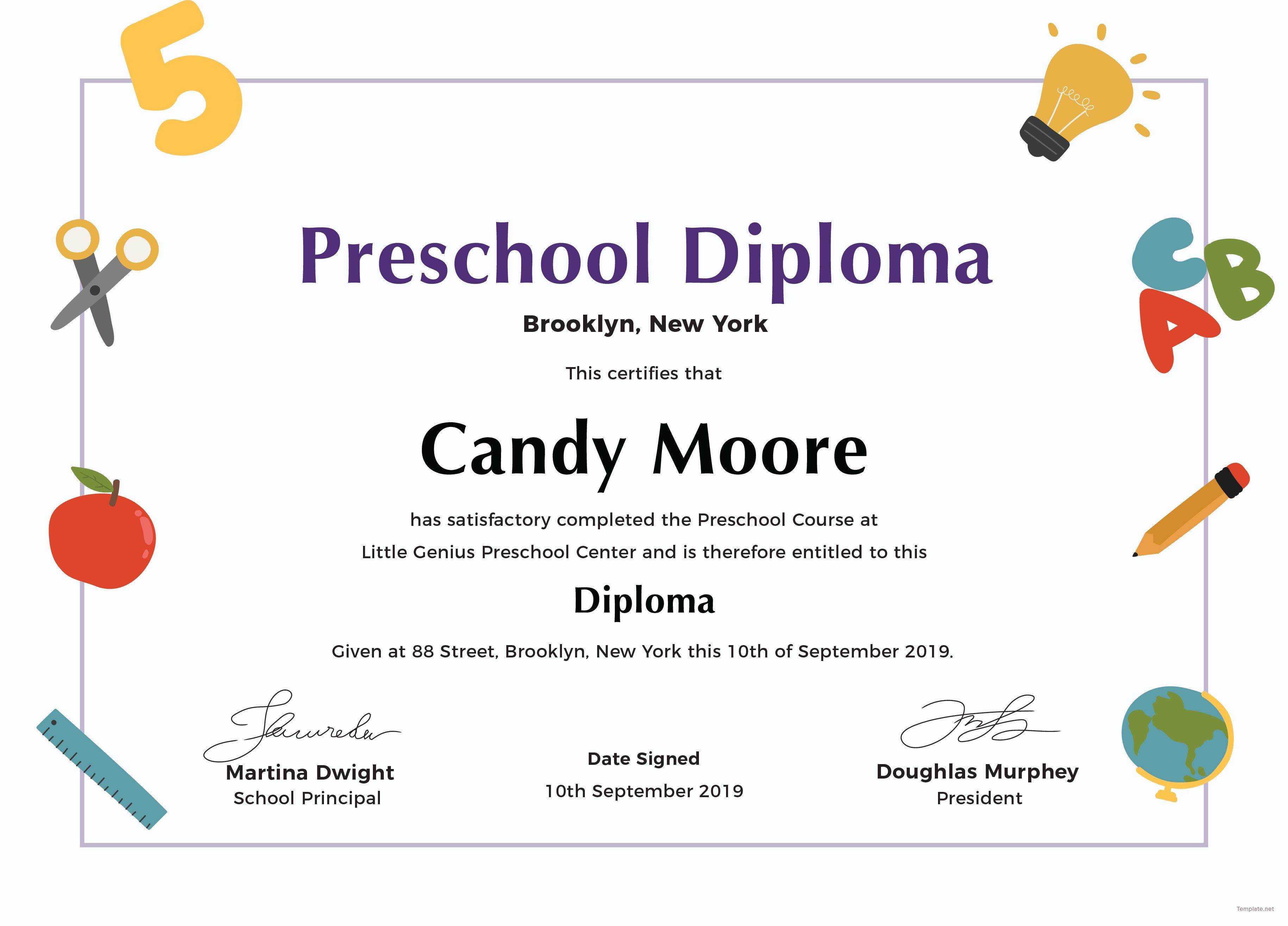 Preschool Diploma Certificate Template In Adobe Photoshop Illustrator 