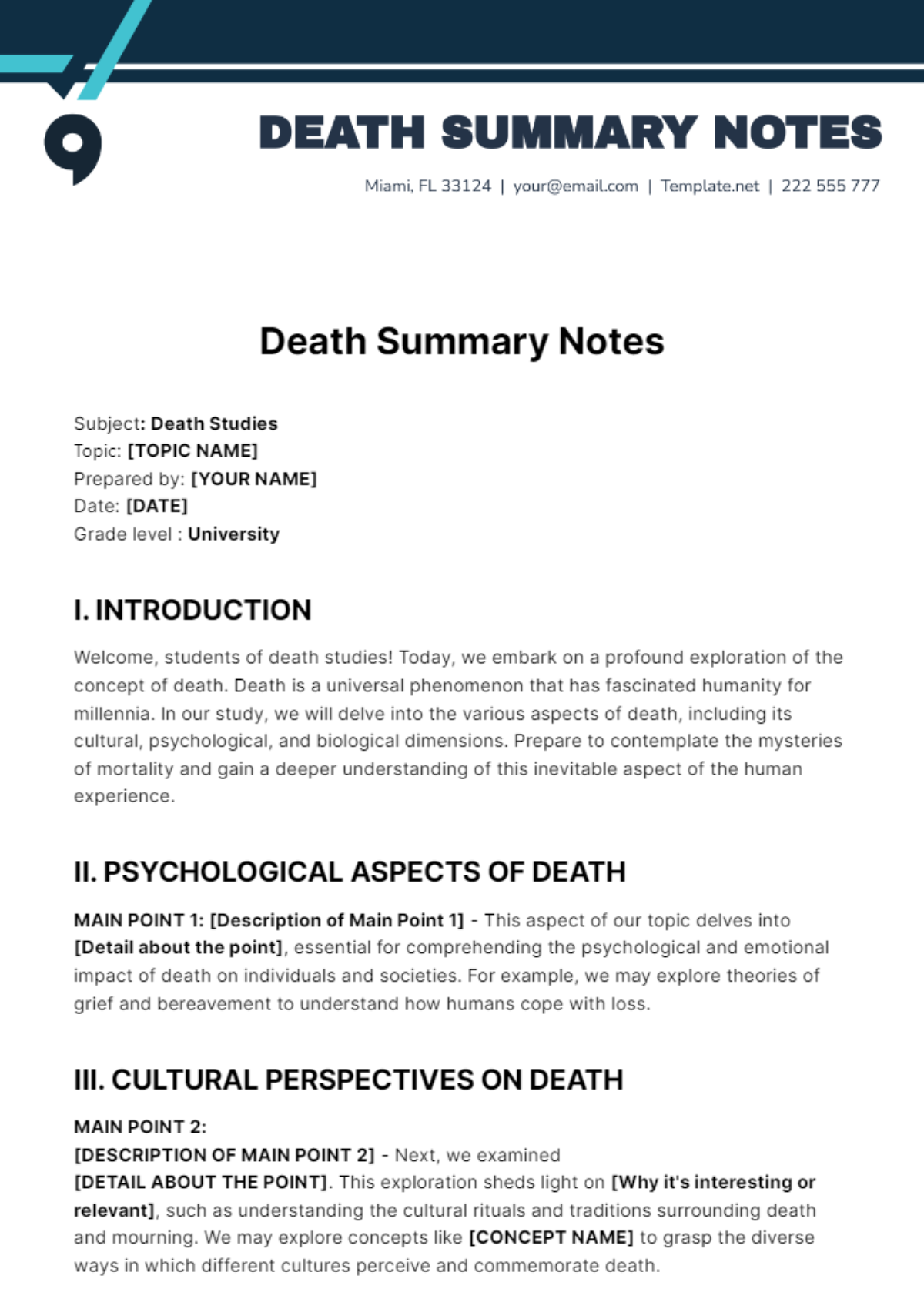 Free Death Summary Notes Template