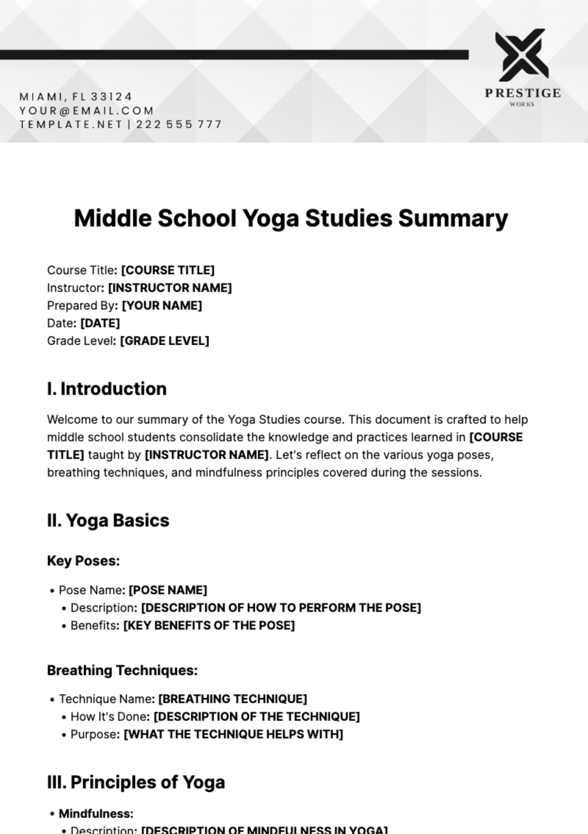 Middle School Yoga Studies Summary Template