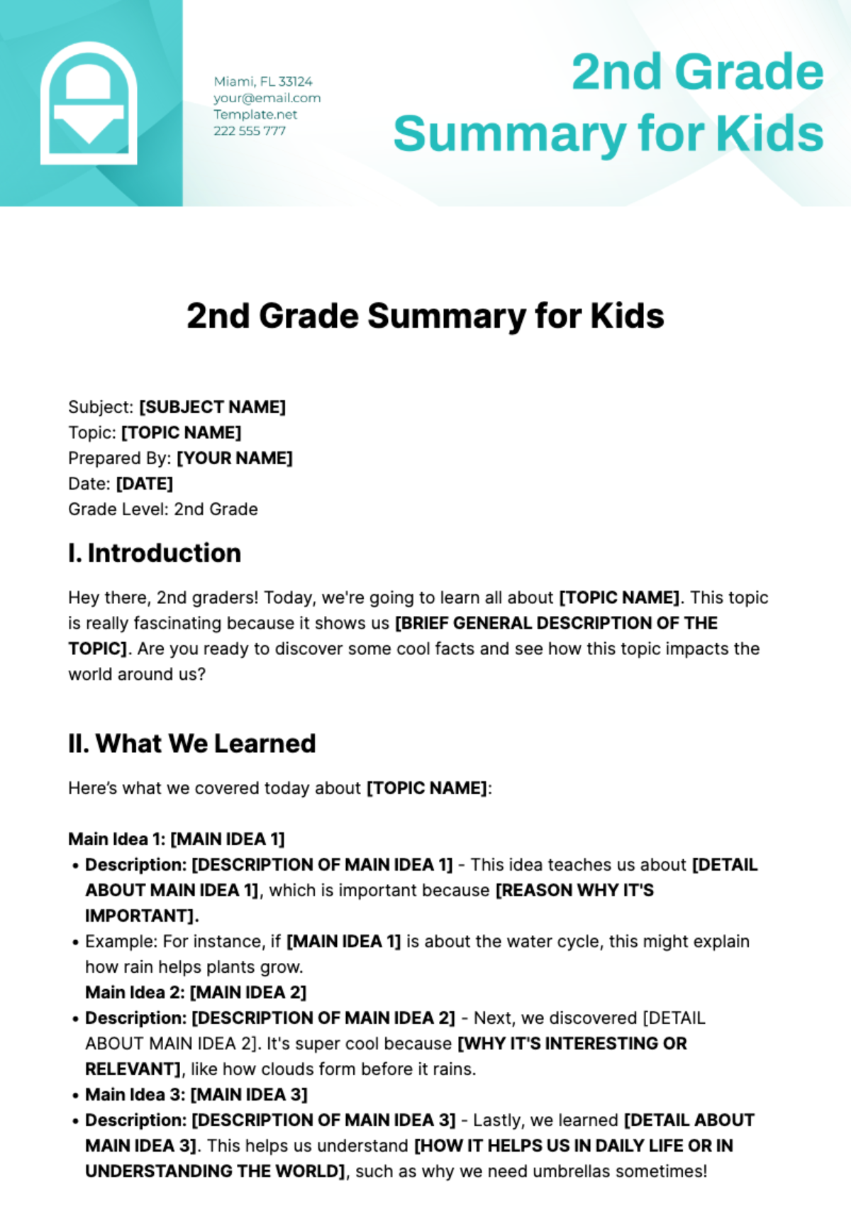 Free 2nd Grade Summary for Kids Template