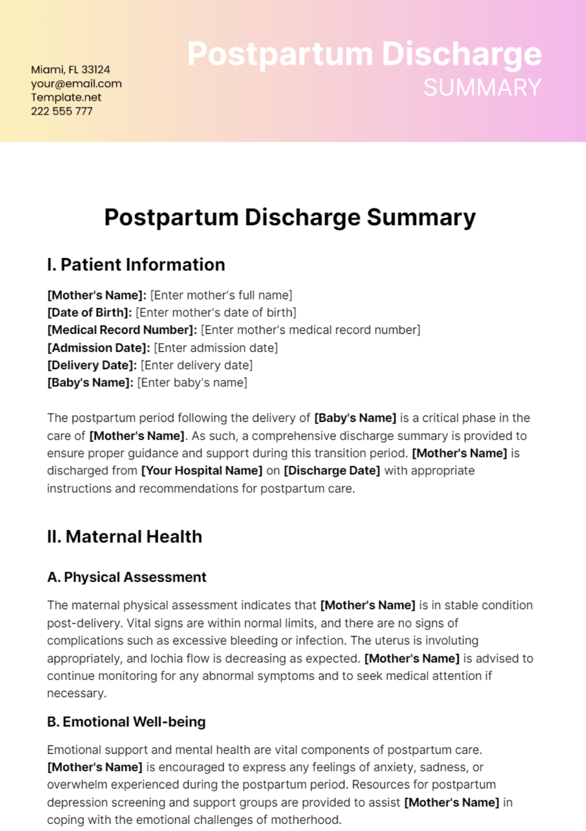 Postpartum Discharge Summary Template