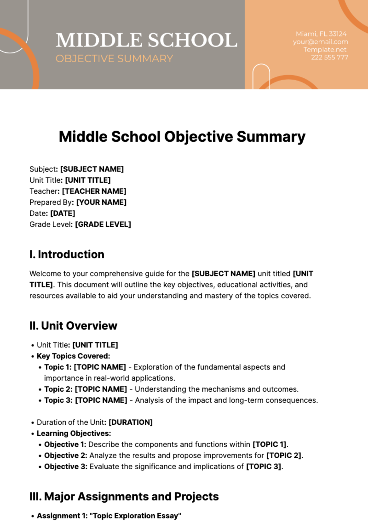Middle School Objective Summary Template
