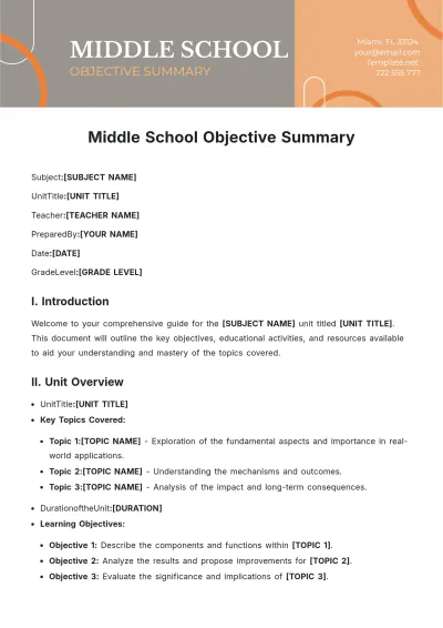 Free Middle School Objective Summary Template to Edit Online