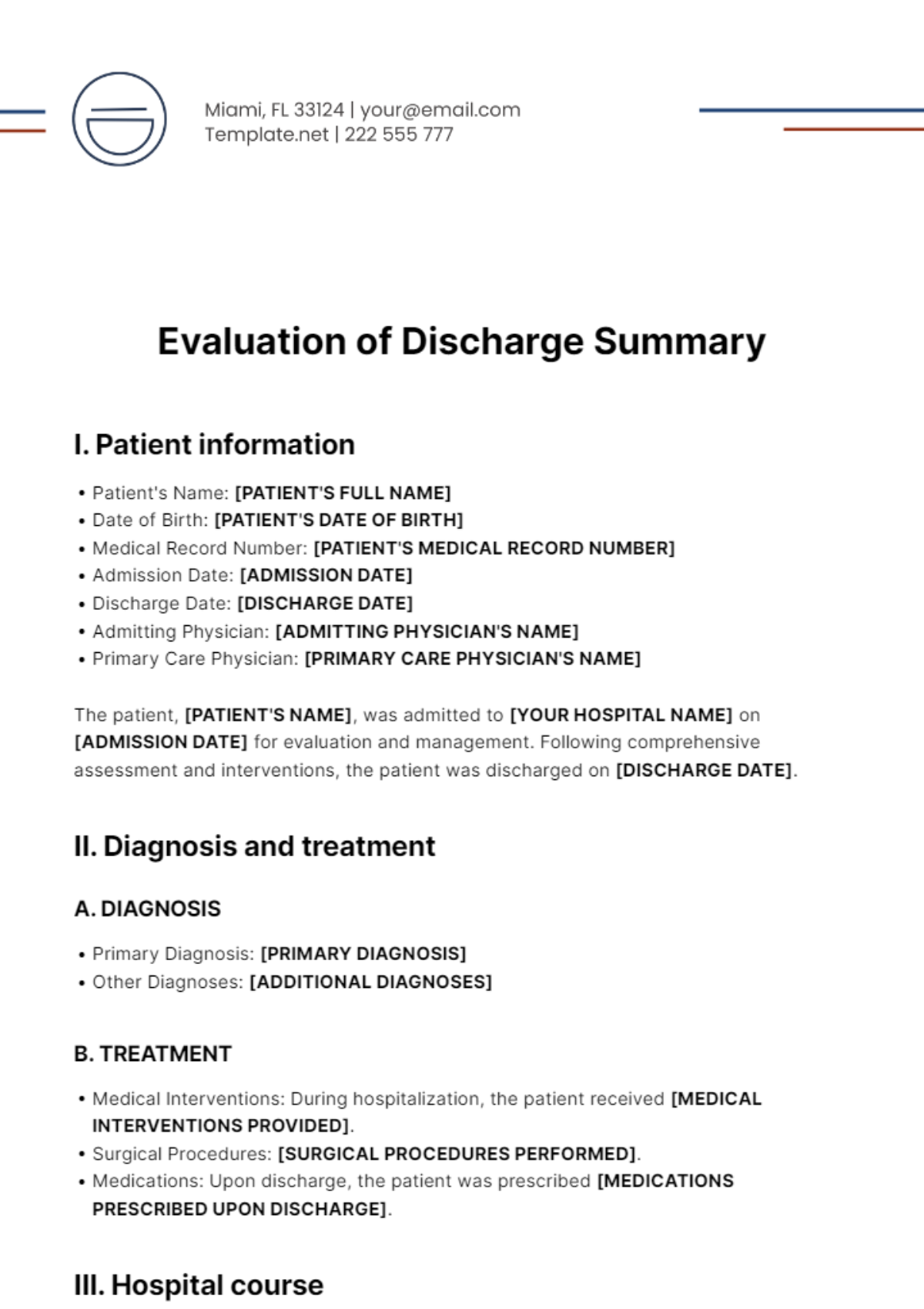 Free Evaluation of Discharge Summary Template