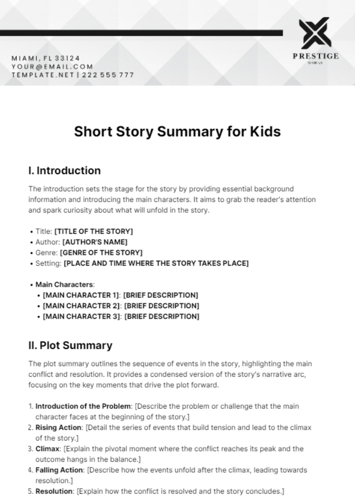 Free Short Story Summary for Kids Template