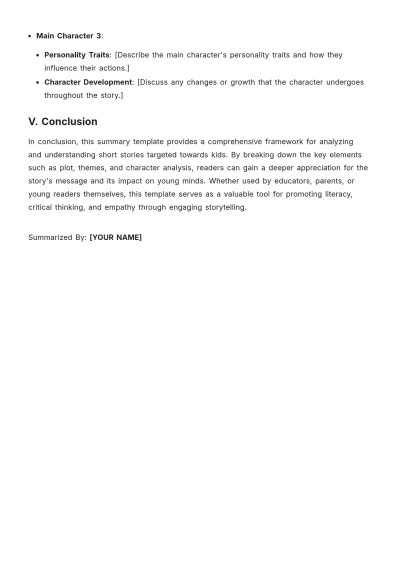Free Short Story Summary for Kids Template to Edit Online