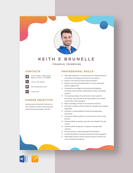 Free Financial Technician Resume Template - Word, Apple Pages