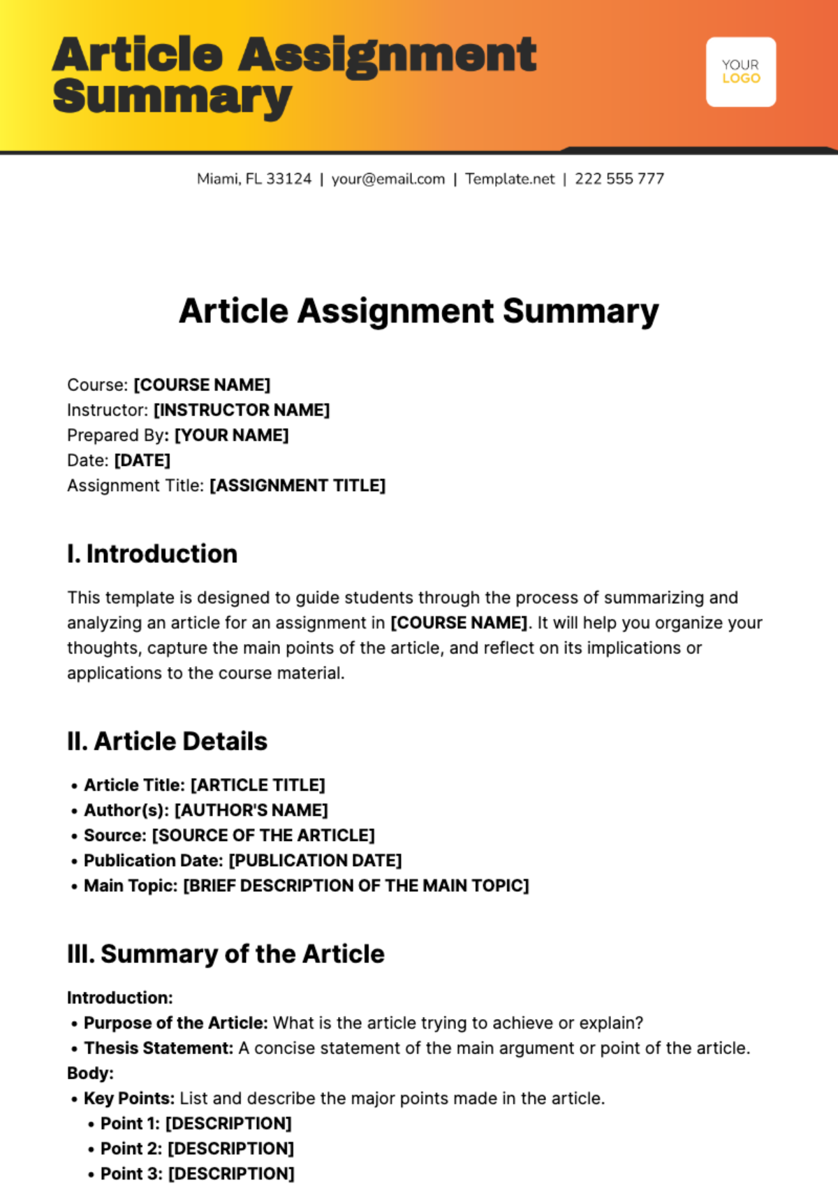 Free Article Assignment Summary Template