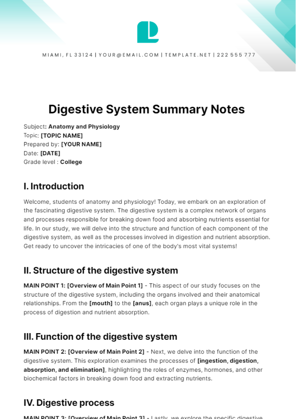 Digestive System Summary Notes Template