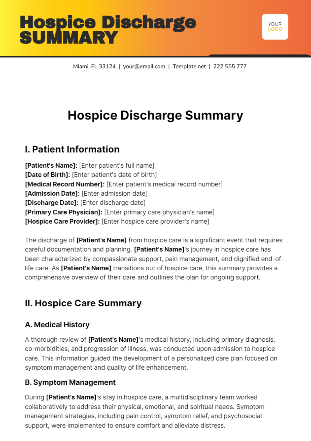 Hospice Discharge Summary Template