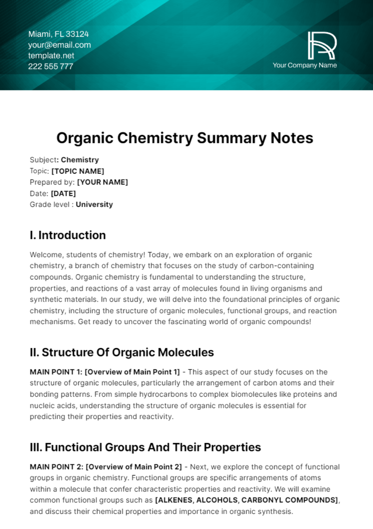 Free Organic Chemistry Summary Notes Template