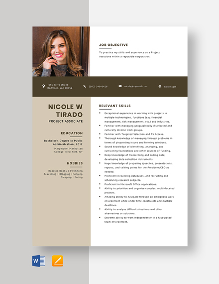 Free Project Associate Resume Template - Word, Apple Pages