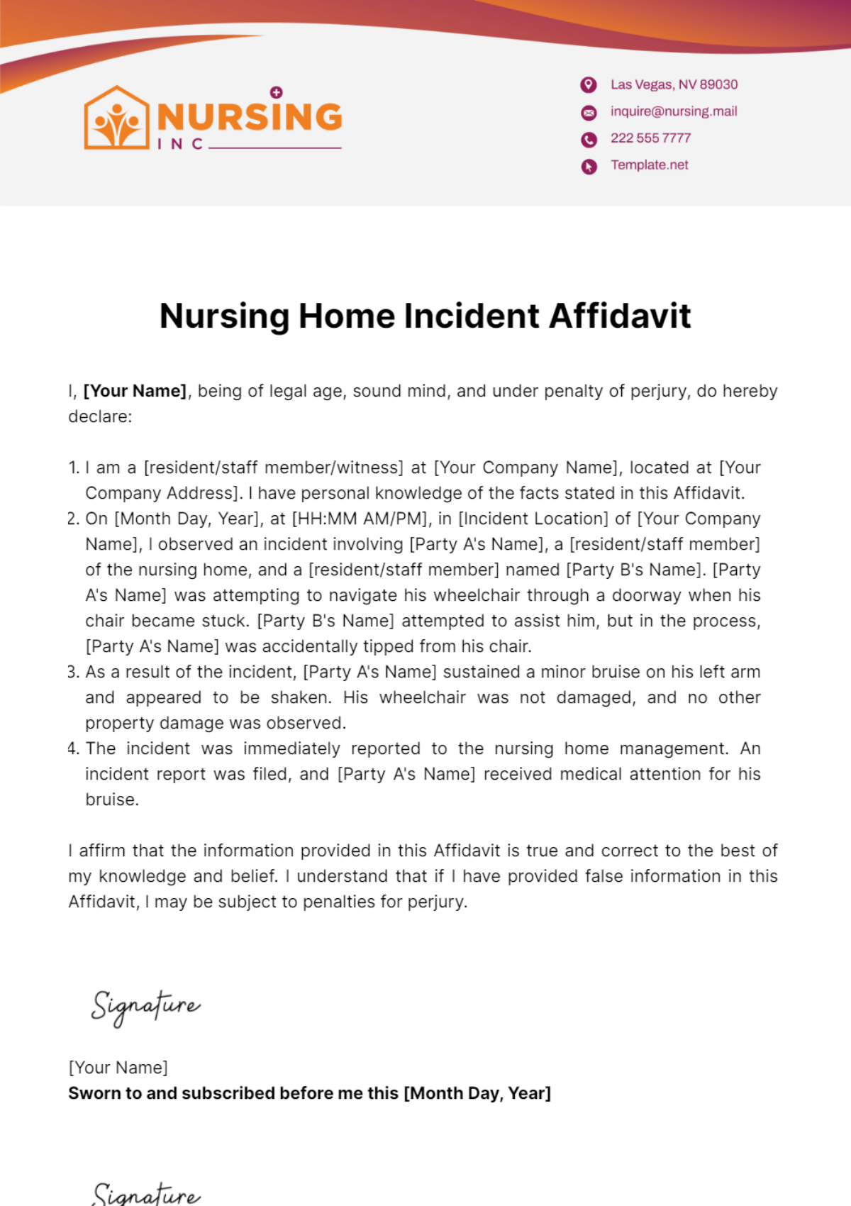Nursing Home Incident Affidavit Template