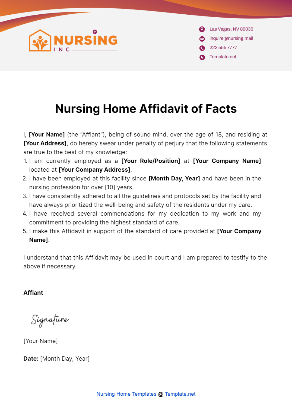 Nursing Home Affidavit of Facts Template