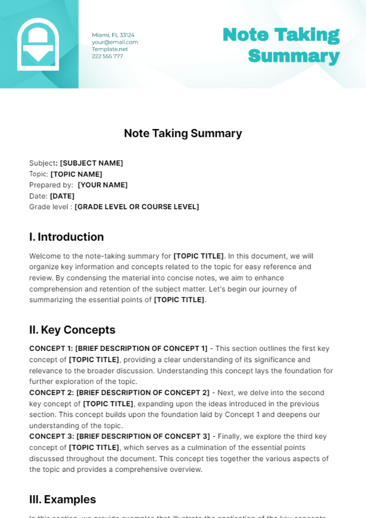 Free Note Taking Summary Template