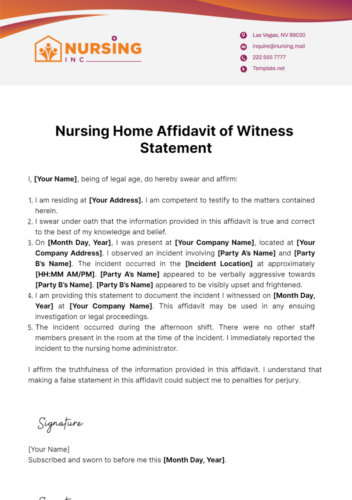 Nursing Home Affidavit of Witness Statement Template